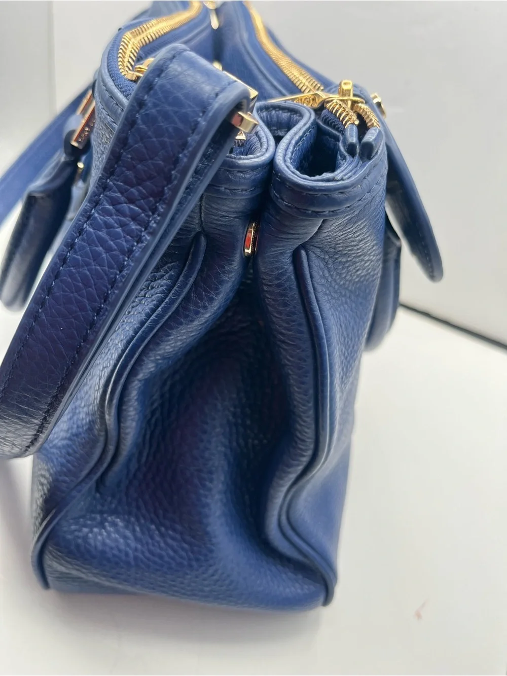 Tory Burch Navy Blue Pebbled Leather Satchel with Logo Medallion